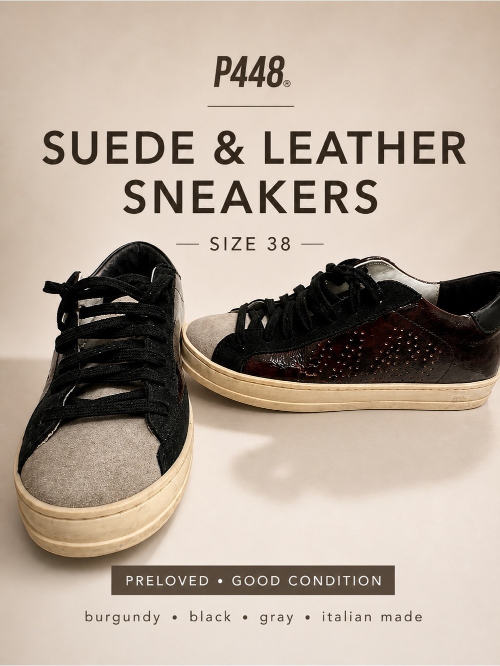 P448 Low-Top Sneakers in Black, White & Burgundy